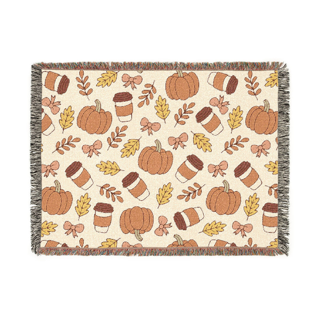 Fall Coffee Pumpkin Woven Blanket, Autumn Bow and Leaf Cotton Throw, Cozy Pumpkin Spice Sofa Decor
