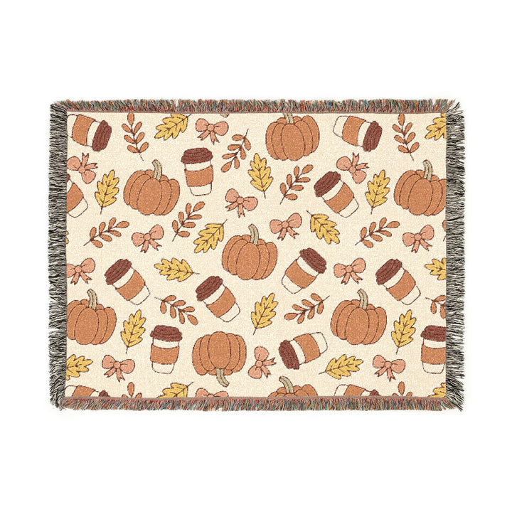 Fall Coffee Pumpkin Woven Blanket, Autumn Bow and Leaf Cotton Throw, Cozy Pumpkin Spice Sofa Decor