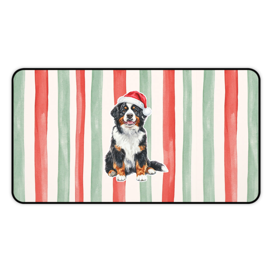 Bernese Mountain Dog Christmas Desk Mat, Centered Santa Dog, Red Sage Stripes