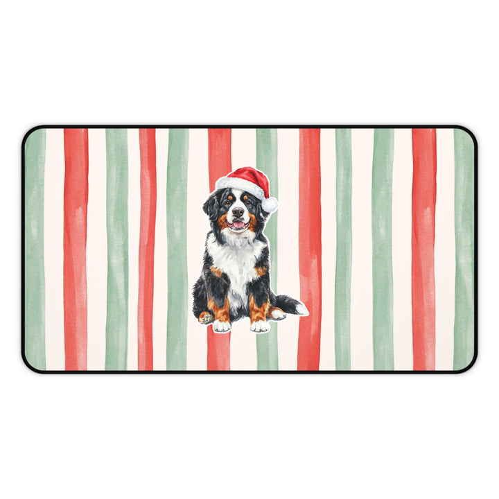 Bernese Mountain Dog Christmas Desk Mat, Centered Santa Dog, Red Sage Stripes