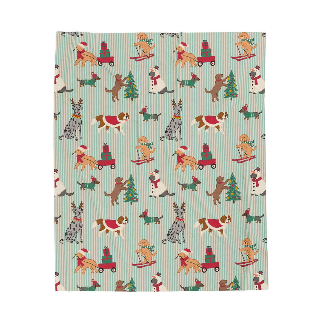 Christmas Dogs Velveteen Plush Blanket, Green Stripe Holiday Throw, Cozy Dog Lover Gift