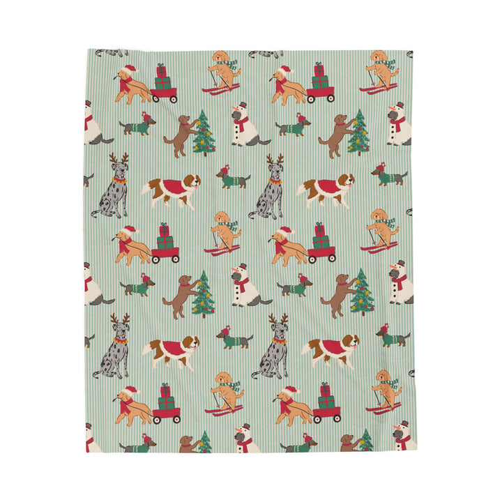 Christmas Dogs Velveteen Plush Blanket, Green Stripe Holiday Throw, Cozy Dog Lover Gift