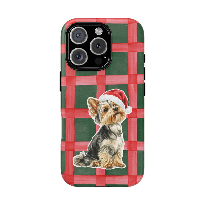 Yorkshire Terrier Christmas Tough iPhone Case, Red Green Plaid, Santa Dog Phone Cover