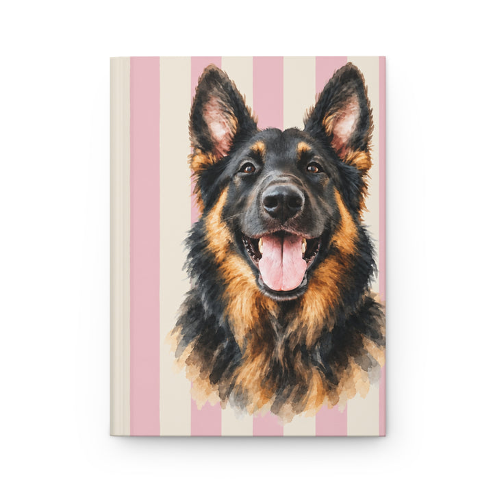 Custom Watercolor Dog Hardcover Notebook, Light Pink Cream Stripes, Personalized Pet Photo Journal