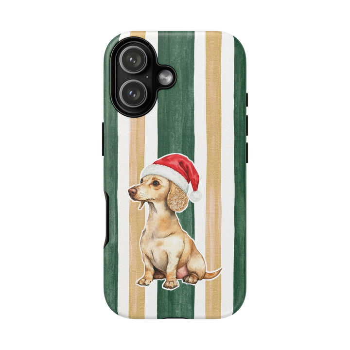 Dachshund Christmas Tough iPhone Case, Green Gold Stripes, Santa Dog Phone Cover