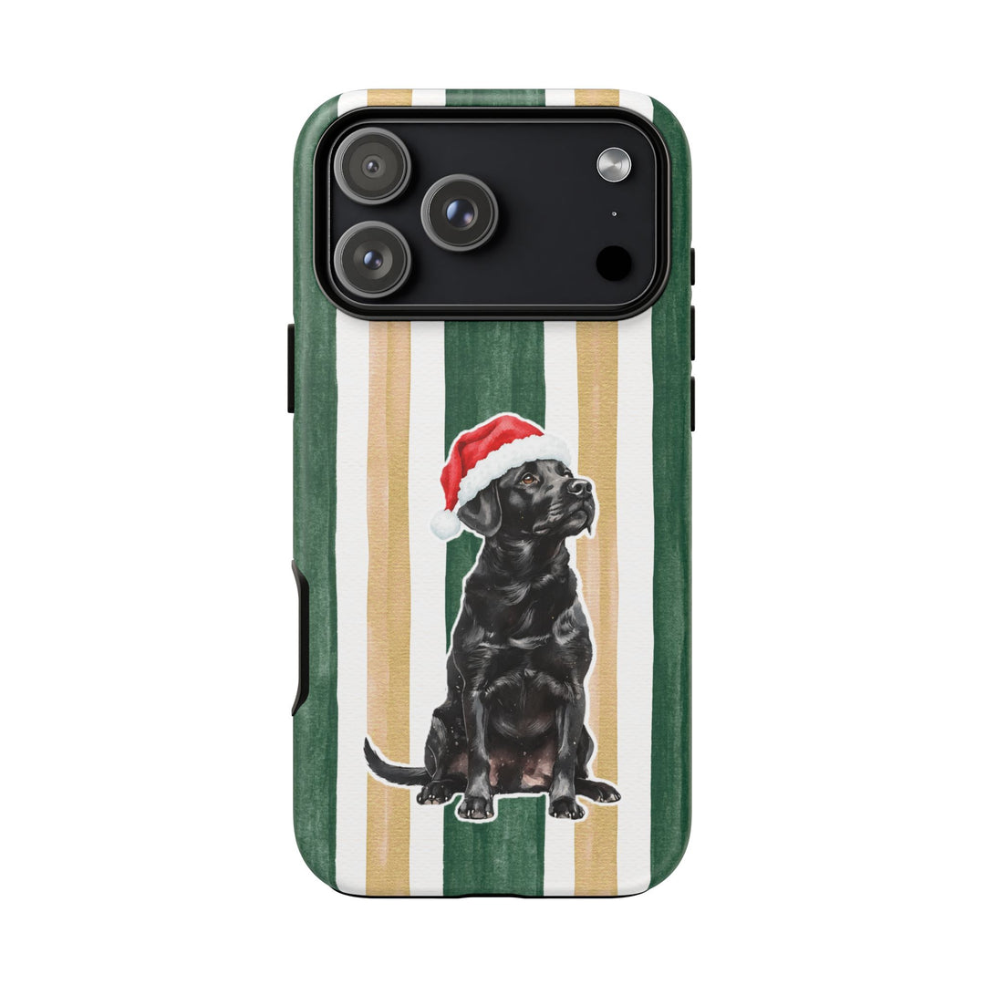 Black Labrador Christmas Tough iPhone Case, Green Gold Stripes, Santa Dog Phone Cover