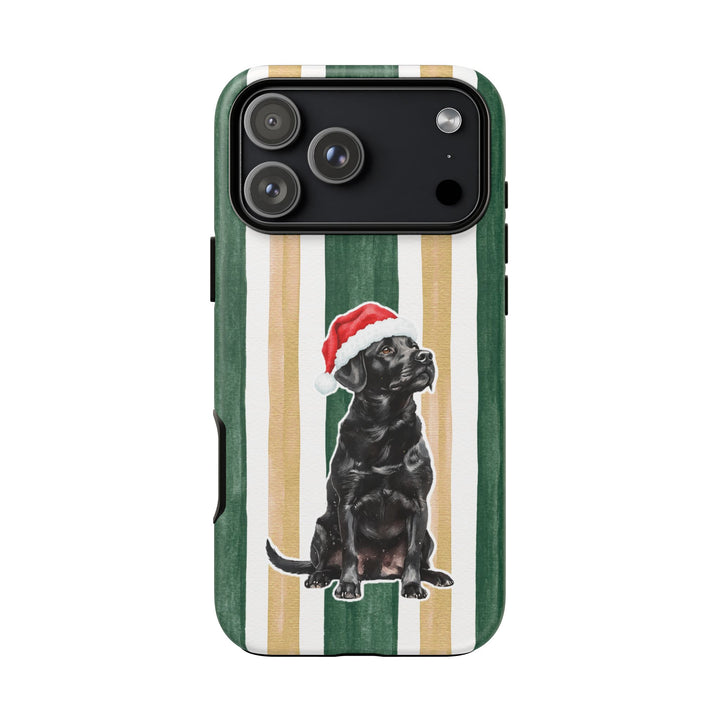Black Labrador Christmas Tough iPhone Case, Green Gold Stripes, Santa Dog Phone Cover