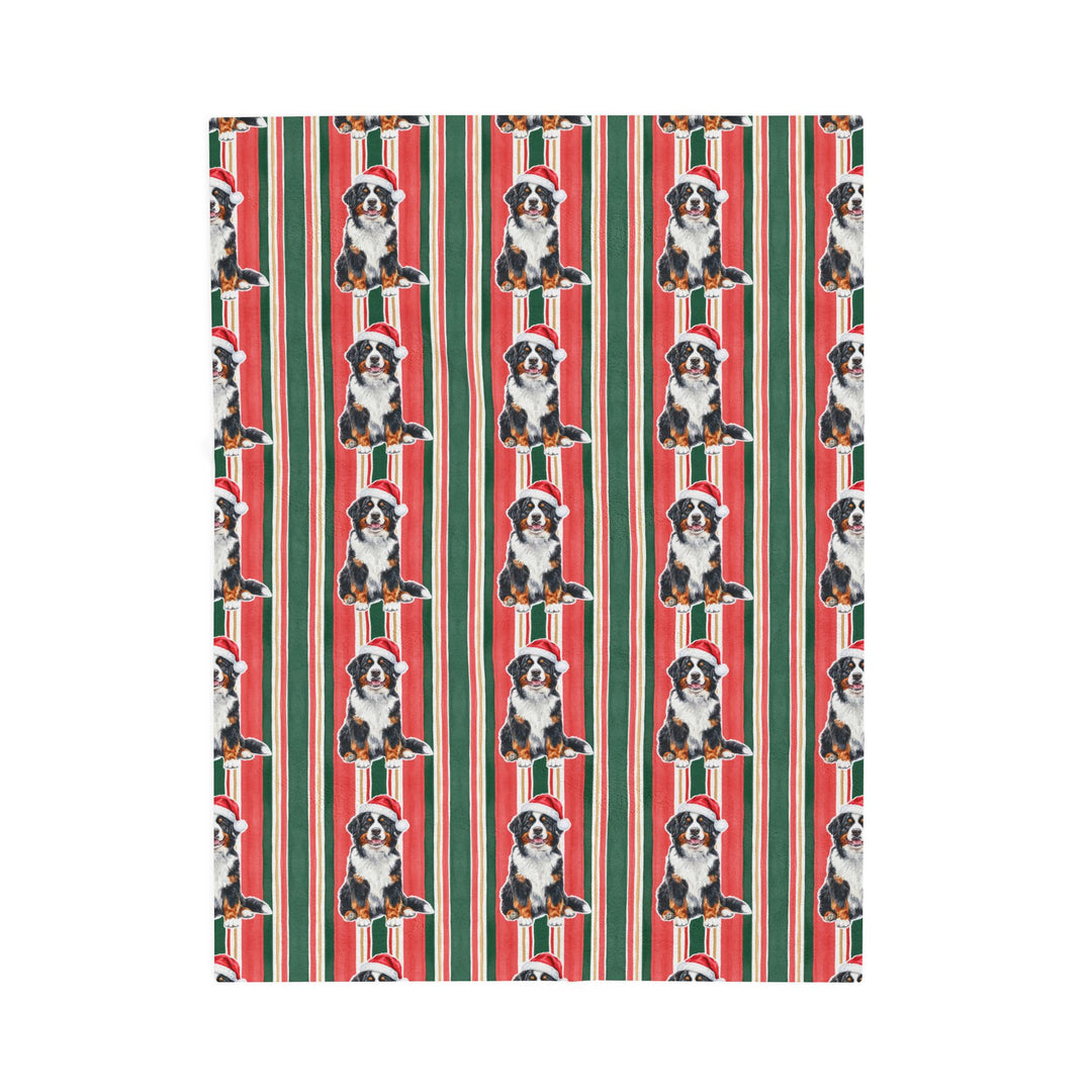 Bernese Mountain Dog Christmas Velveteen Plush Blanket, Classic Red Green Stripes, Santa Dog Throw