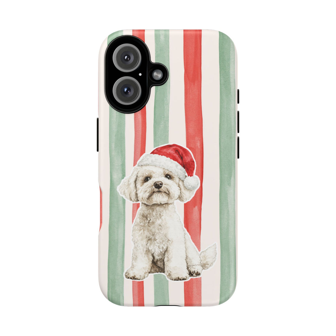 Maltese Christmas Tough iPhone Case, Red Sage Stripes, Santa Dog Phone Cover