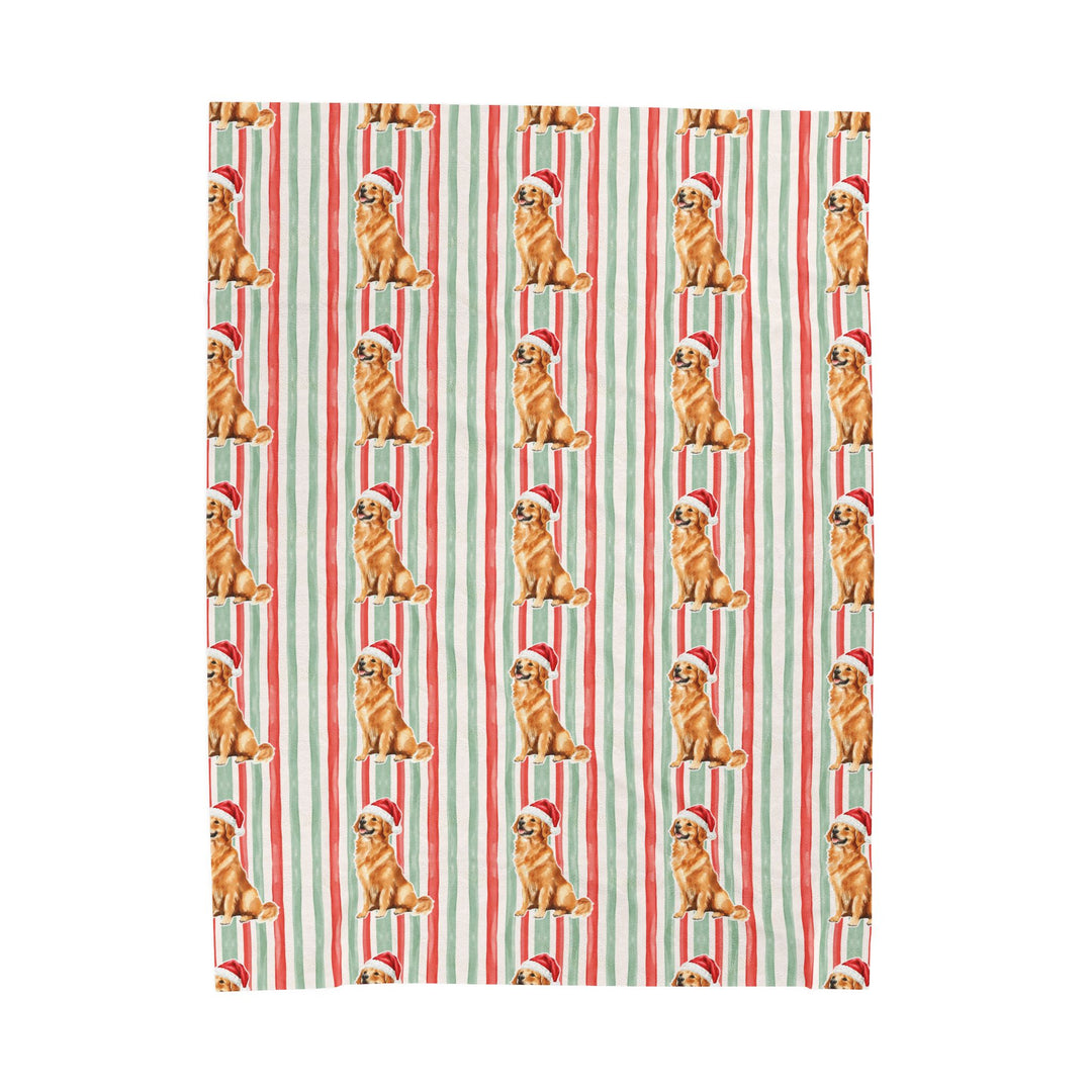 Golden Retriever Christmas Velveteen Plush Blanket, Red Sage Stripes, Santa Dog Throw