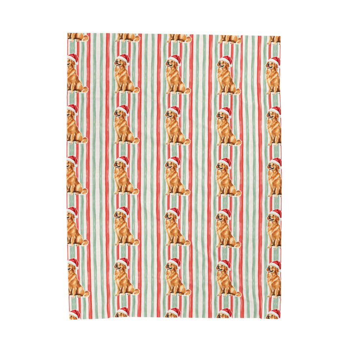Golden Retriever Christmas Velveteen Plush Blanket, Red Sage Stripes, Santa Dog Throw