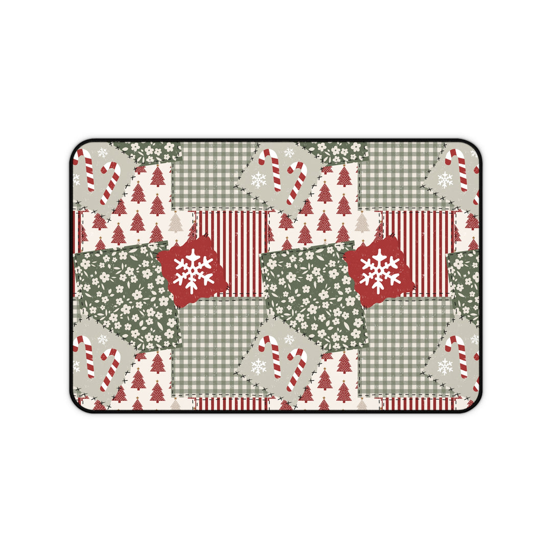 Christmas Patchwork Desk Mat, Red and Sage Floral Gingham Desk Pad, Holiday Large Mouse Pad