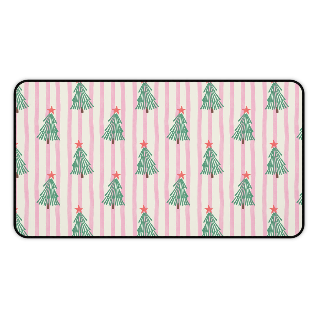 Retro Christmas Tree Desk Mat, Pink Stripe Holiday Desk Pad, Green Trees and Red Stars Office Decor