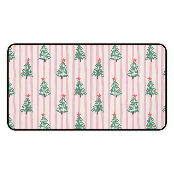 Retro Christmas Tree Desk Mat, Pink Stripe Holiday Desk Pad, Green Trees and Red Stars Office Decor