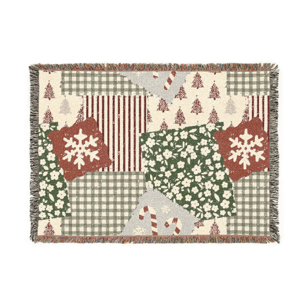 Christmas Patchwork Woven Blanket, Red Sage Floral Gingham Cotton Throw, Rustic Holiday Sofa Decor