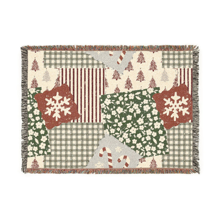 Christmas Patchwork Woven Blanket, Red Sage Floral Gingham Cotton Throw, Rustic Holiday Sofa Decor