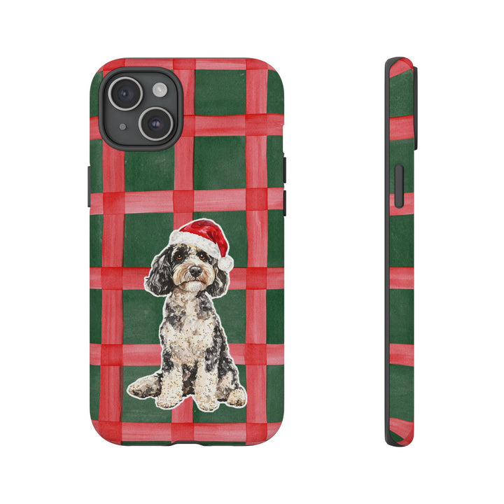 Doodle Christmas Tough iPhone Case, Red Green Plaid, Santa Dog Phone Cover