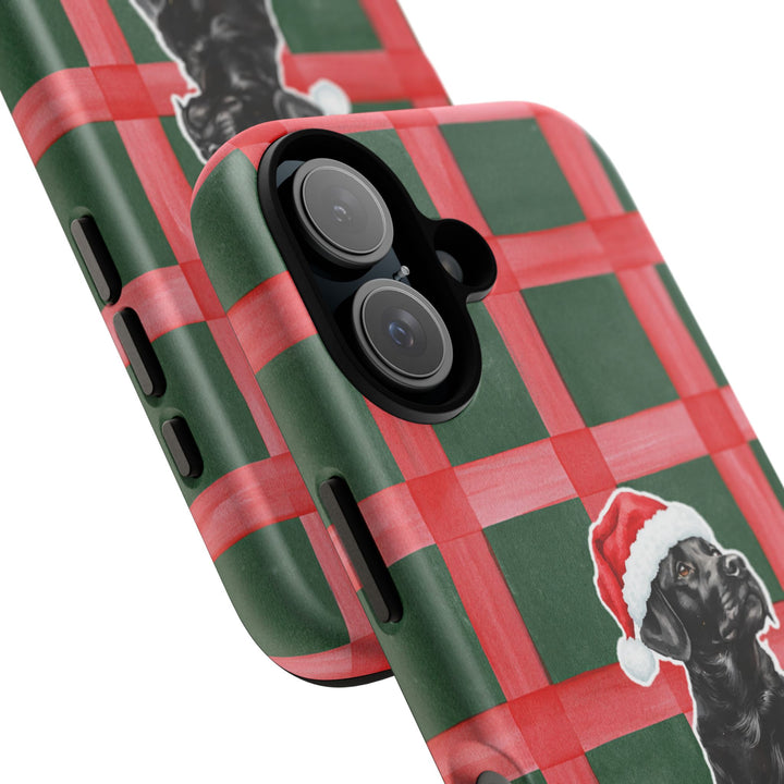 Black Labrador Christmas Tough iPhone Case, Red Green Plaid, Santa Dog Phone Cover