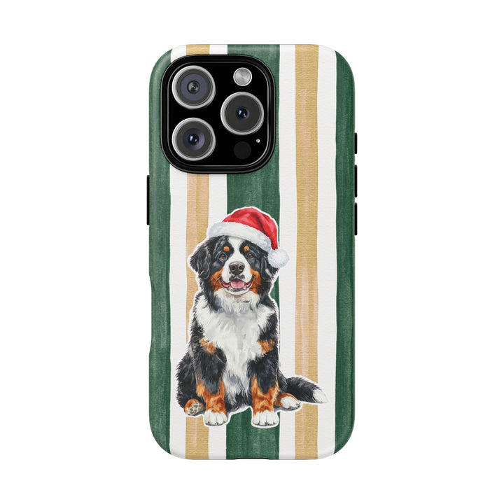 Bernese Mountain Dog Christmas Tough iPhone Case, Green Gold Stripes, Santa Dog Phone Cover
