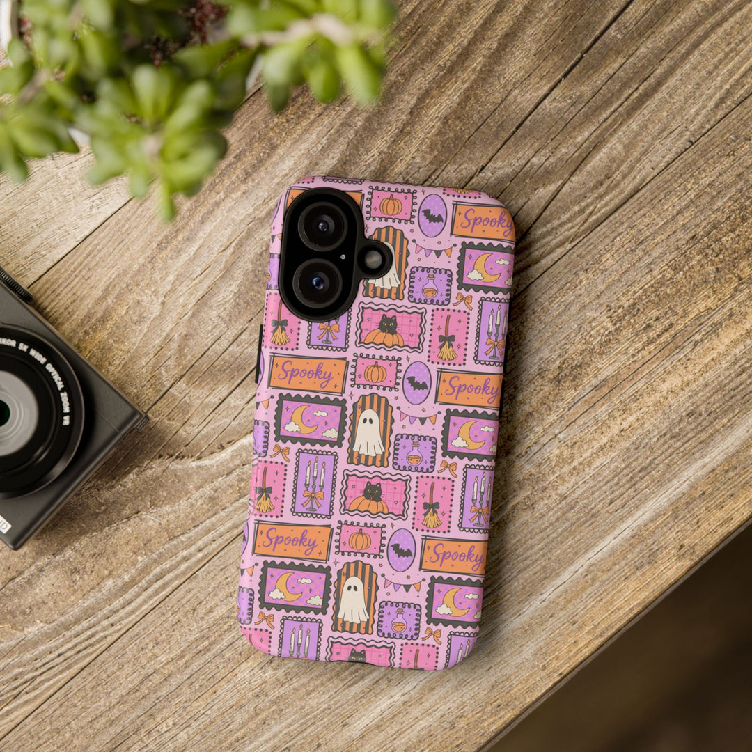 Pink Spooky Frames Tough iPhone Case, Halloween Ghost Black Cat Pumpkin Phone Cover, Matte or Glossy