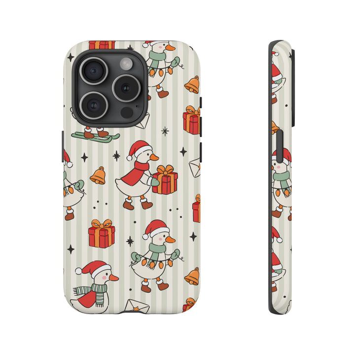 Christmas Goose Tough iPhone Case, Cute Holiday Geese Green Stripe Phone Cover, Matte or Glossy