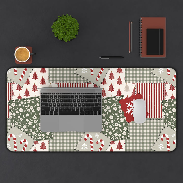 Christmas Patchwork Desk Mat, Red and Sage Floral Gingham Desk Pad, Holiday Large Mouse Pad