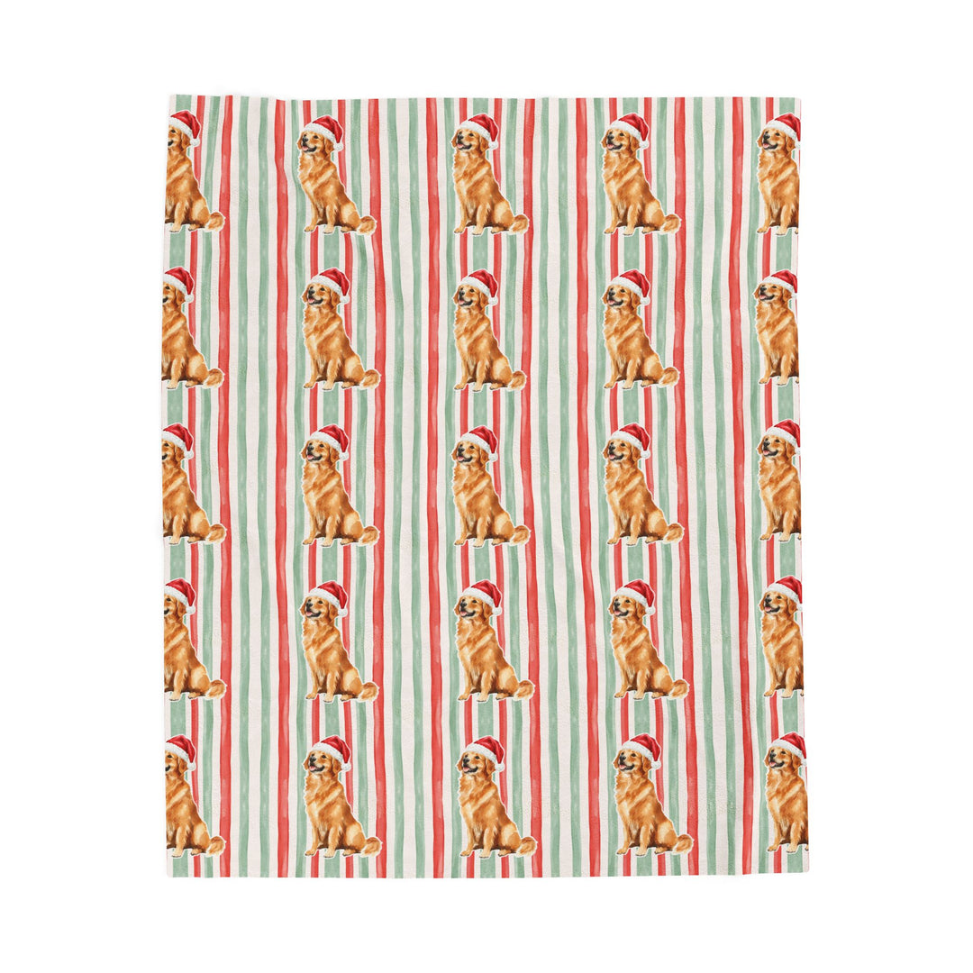 Golden Retriever Christmas Velveteen Plush Blanket, Red Sage Stripes, Santa Dog Throw