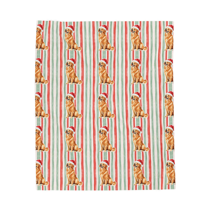 Golden Retriever Christmas Velveteen Plush Blanket, Red Sage Stripes, Santa Dog Throw