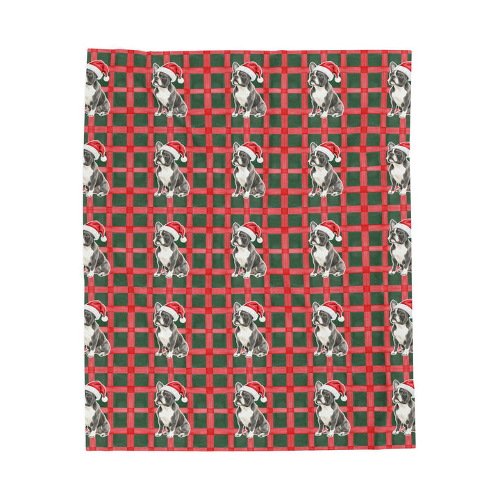 French Bulldog Christmas Velveteen Plush Blanket, Red Green Plaid, Santa Dog Throw