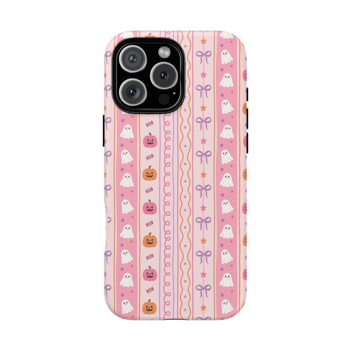 Pastel Halloween Stripe Tough iPhone Case, Pink Ghost Pumpkin Lavender Bow Phone Cover, Matte or Glossy