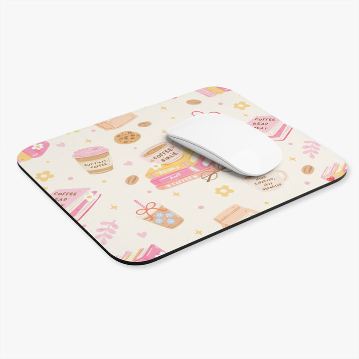 Coffee and Books Mouse Pad, Pastel Pink Bookish Desk Decor, 9x8 Inch, Coffee Lover Gift