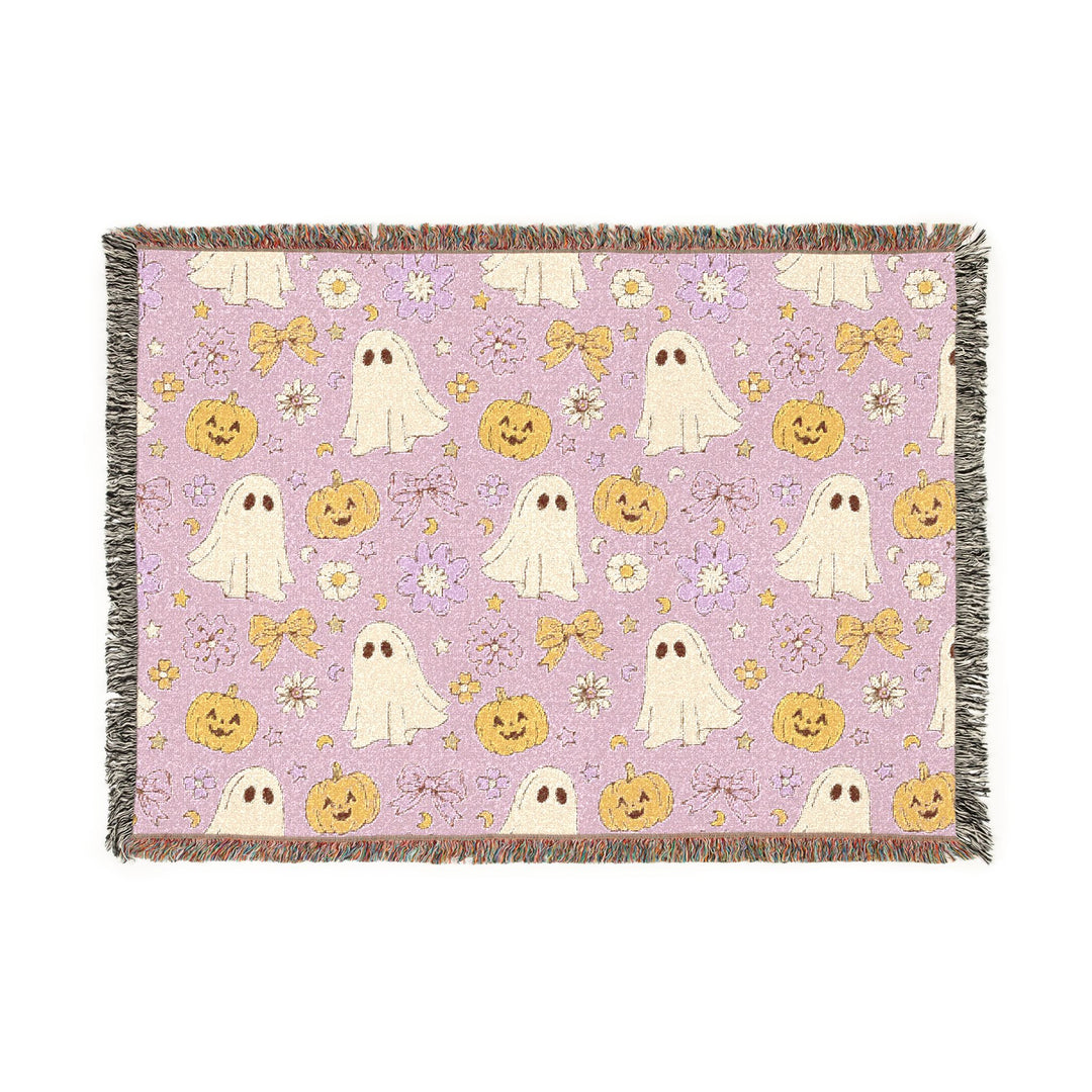 Pink Ghost Bow Woven Blanket, Floral Pumpkin Halloween Cotton Throw, Cute Pastel Spooky Home Decor