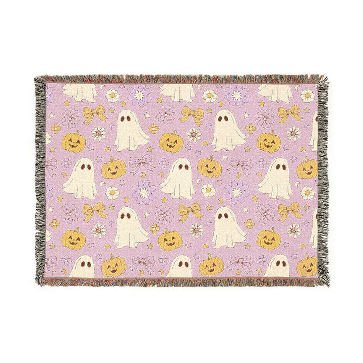 Pink Ghost Bow Woven Blanket, Floral Pumpkin Halloween Cotton Throw, Cute Pastel Spooky Home Decor