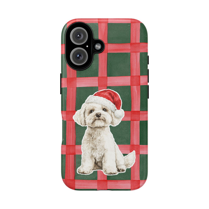 Maltese Christmas Tough iPhone Case, Red Green Plaid, Santa Dog Phone Cover