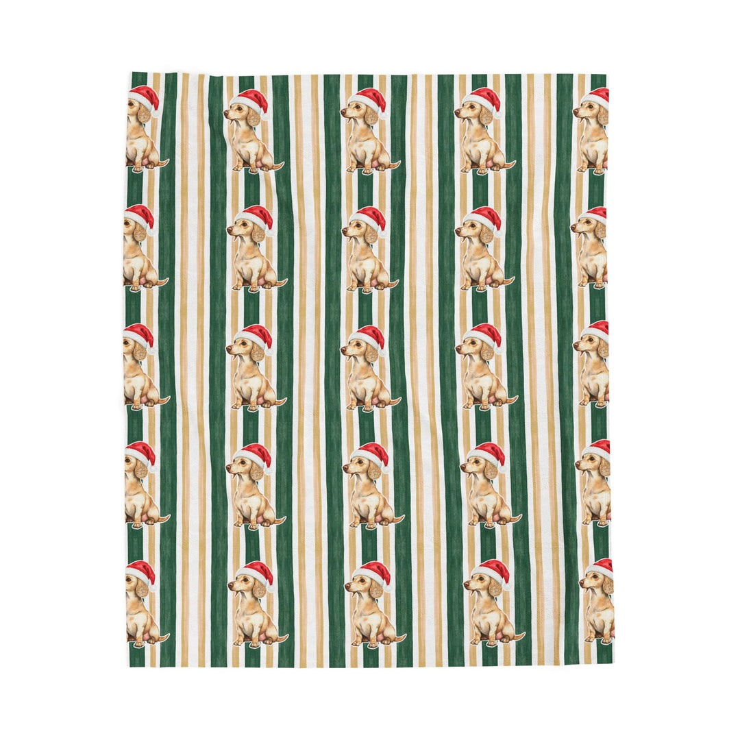 Dachshund Christmas Velveteen Plush Blanket, Green Gold Stripes, Santa Dog Throw