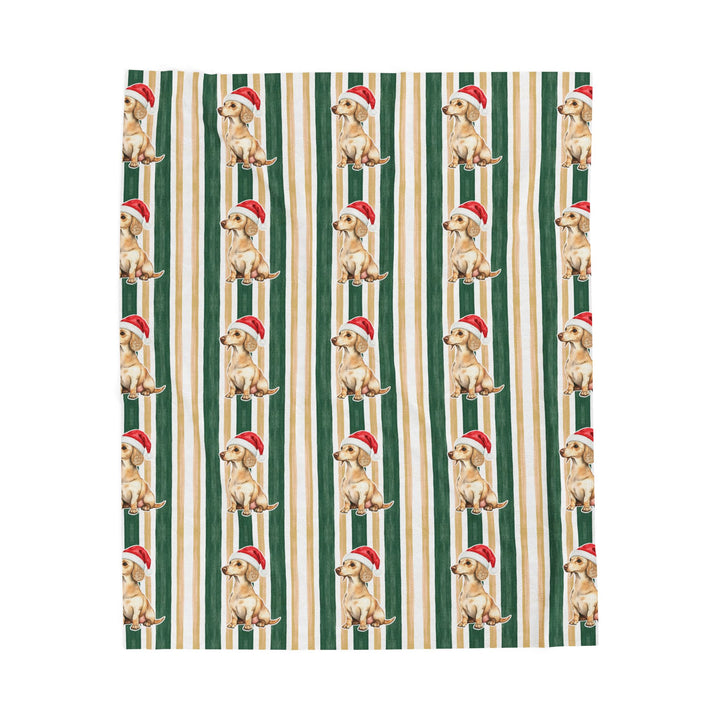 Dachshund Christmas Velveteen Plush Blanket, Green Gold Stripes, Santa Dog Throw