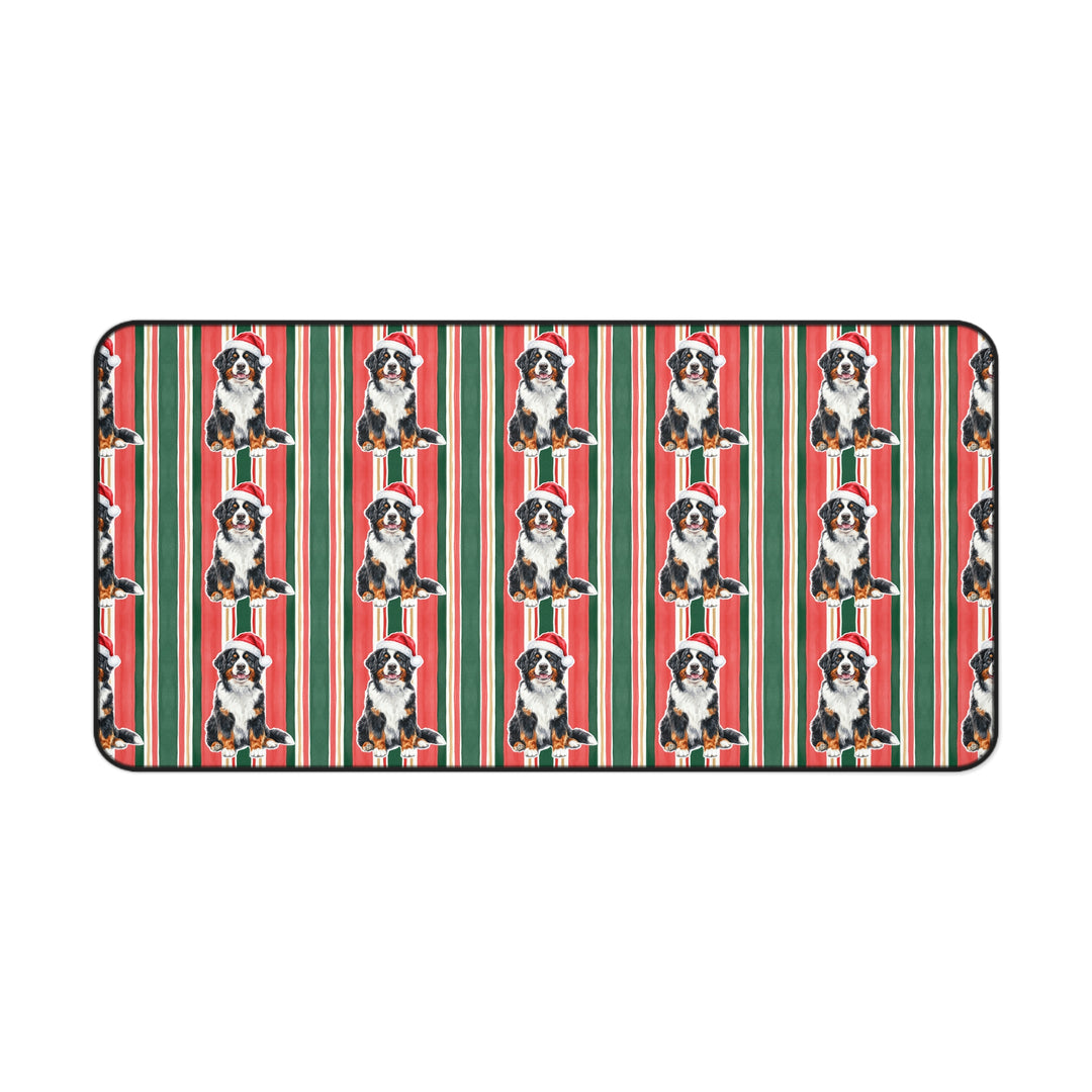 Bernese Mountain Dog Christmas Desk Mat, Classic Red Green Stripes, Santa Dog Desk Pad