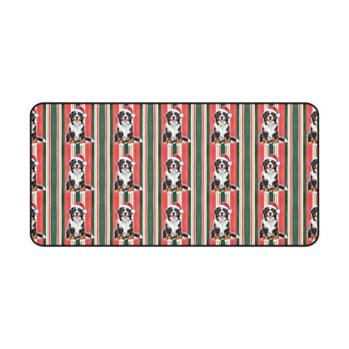 Bernese Mountain Dog Christmas Desk Mat, Classic Red Green Stripes, Santa Dog Desk Pad