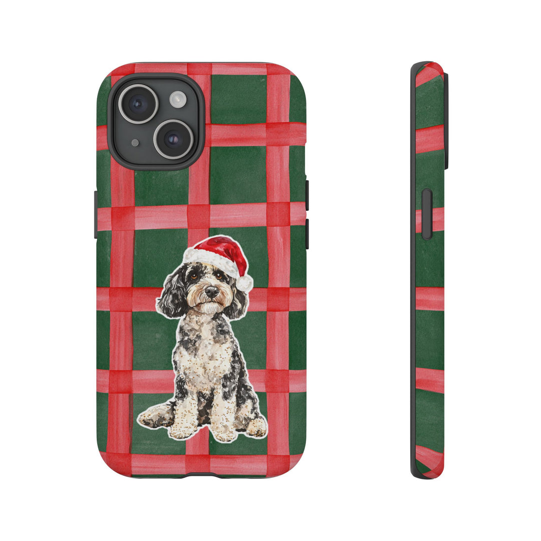 Doodle Christmas Tough iPhone Case, Red Green Plaid, Santa Dog Phone Cover
