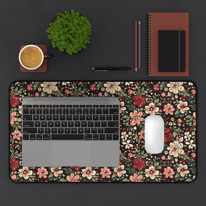 Retro Christmas Floral Desk Mat, Dark Botanical Holiday Desk Pad, Pink and Red Flower Office Decor