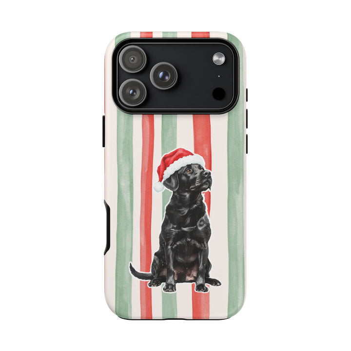 Black Labrador Christmas Tough iPhone Case, Red Sage Stripes, Santa Dog Phone Cover
