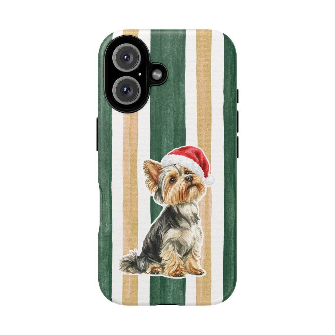 Yorkshire Terrier Christmas Tough iPhone Case, Green Gold Stripes, Santa Dog Phone Cover