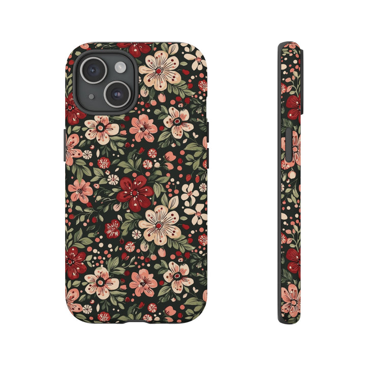 Retro Christmas Floral Tough iPhone Case, Dark Botanical Pink Red Flower Phone Cover, Matte or Glossy