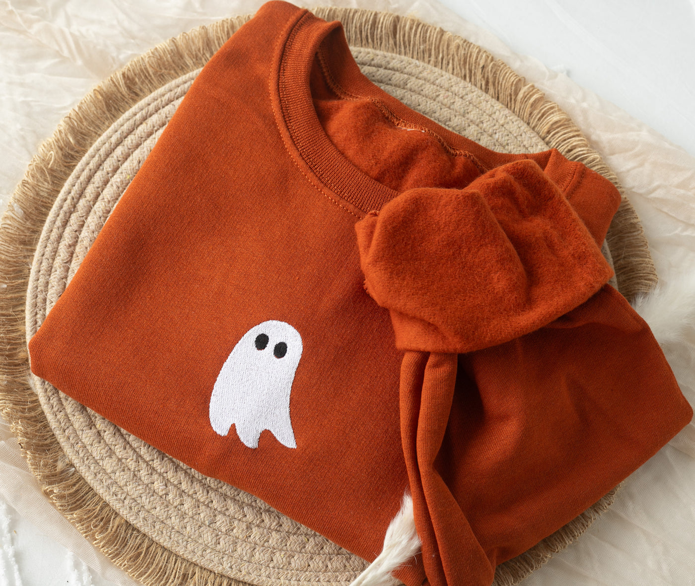 Embroidered Ghost Sweatshirt, Burnt Orange, Halloween Sweatshirt