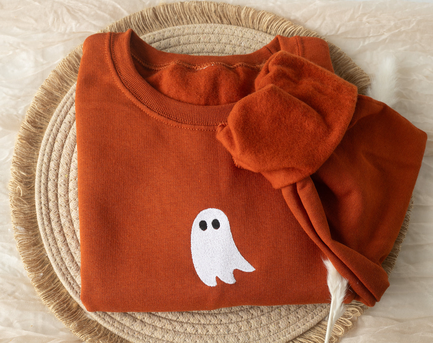 Embroidered Ghost Sweatshirt, Burnt Orange, Halloween Sweatshirt