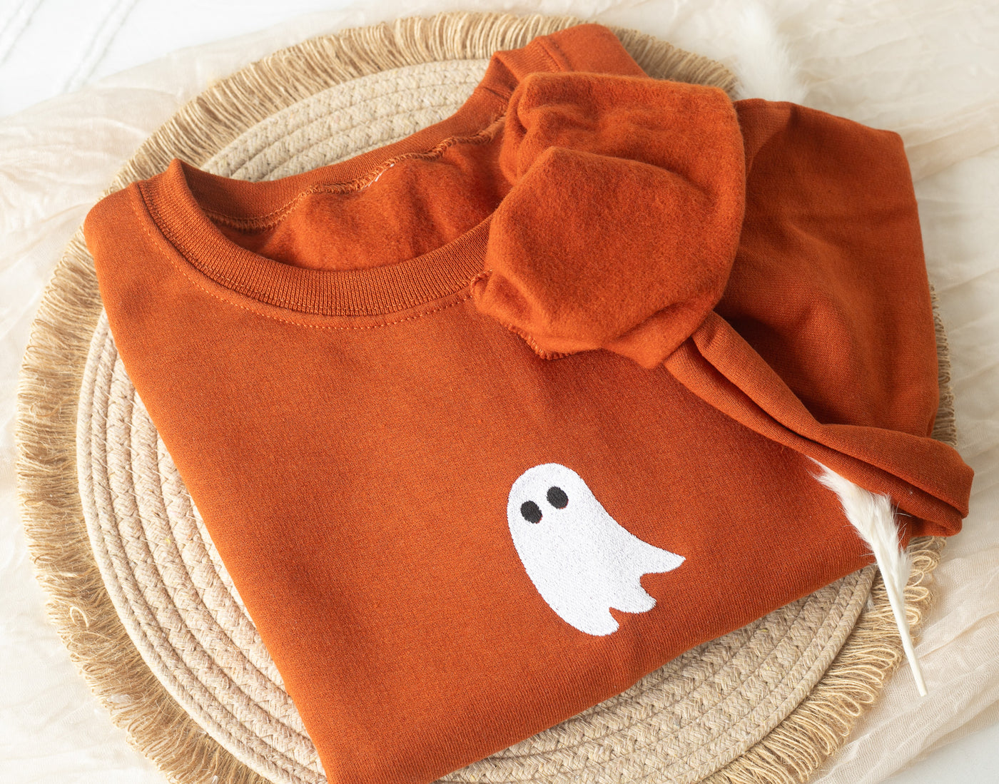 Embroidered Ghost Sweatshirt, Burnt Orange, Halloween Sweatshirt