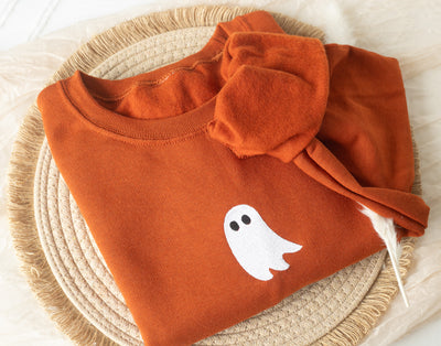 Embroidered Ghost Sweatshirt, Burnt Orange, Halloween Sweatshirt