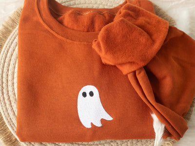 Embroidered Ghost Sweatshirt, Burnt Orange, Halloween Sweatshirt