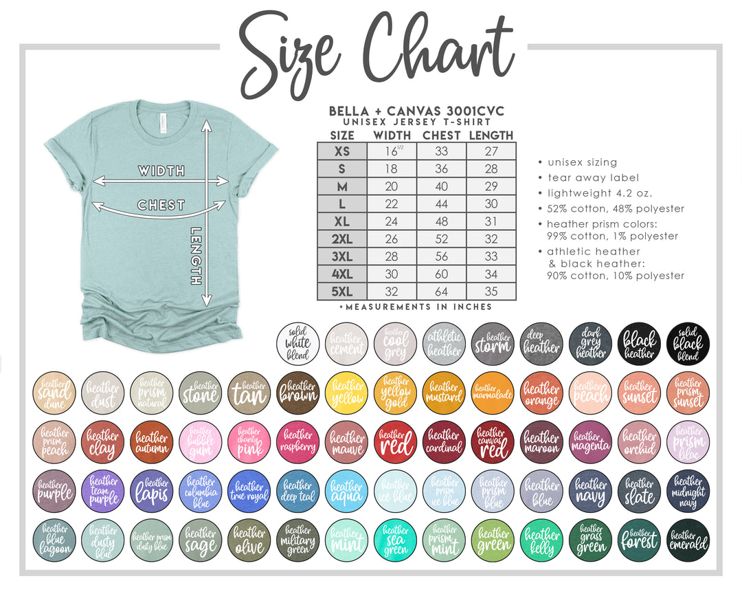 Bella canvas CVC3001 size and color chart