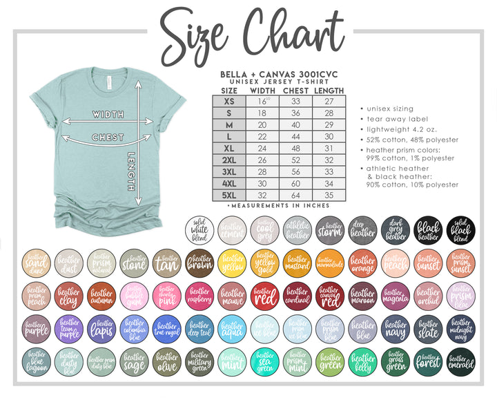 Bella canvas CVC3001 size and color chart